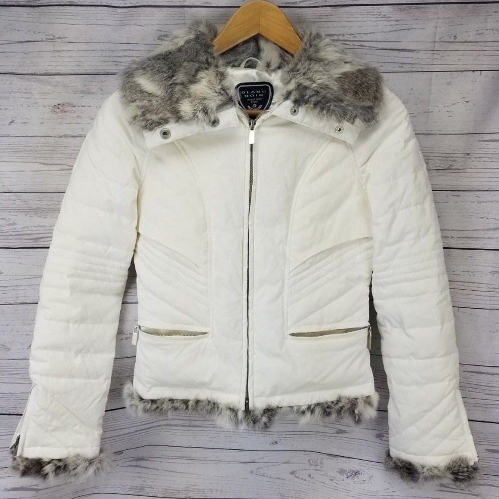 White Down Puffer Rabbit Fur Trim Jacket Small